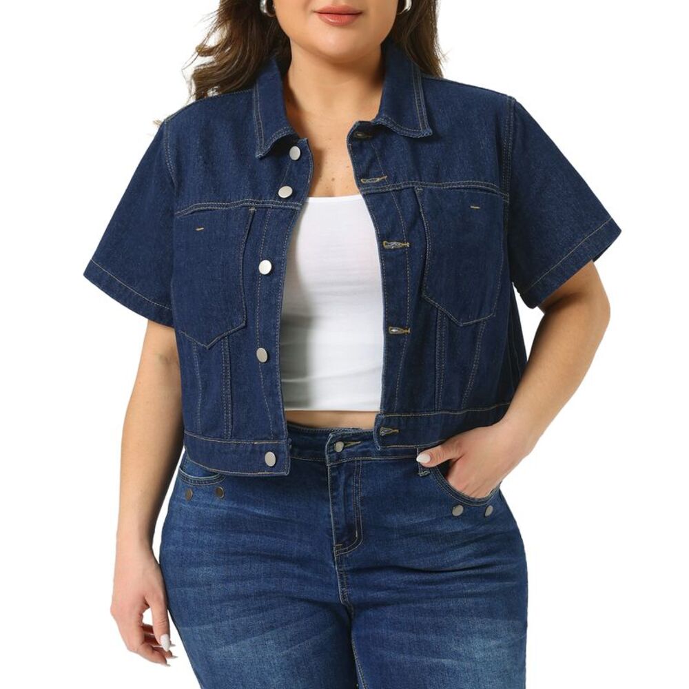Women's Plus Size Short Sleeve Button Cropped Denim Jackets Dark Blue - Picture 1 of 5